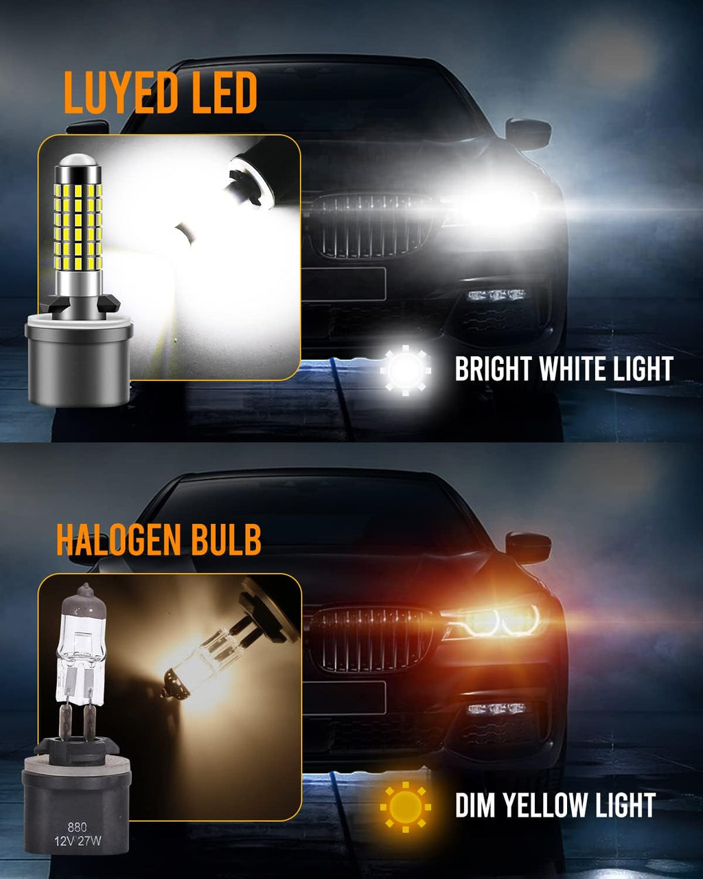 LUYED 880 LED Fog Lights Bulb 400% Brightness 886 890 892 893 LED Bulb with Projector for DRL or Fog Lights,Xenon White, 3000k Yellow, Ice Blue , Pack of 2