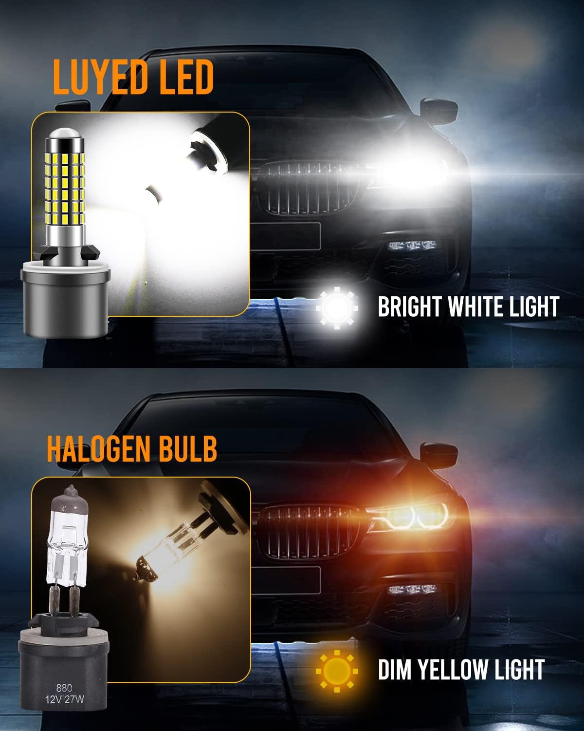 LUYED 880 LED Fog Lights Bulb 400% Brightness 886 890 892 893 LED Bulb with Projector for DRL or Fog Lights,Xenon White, 3000k Yellow, Ice Blue , Pack of 2