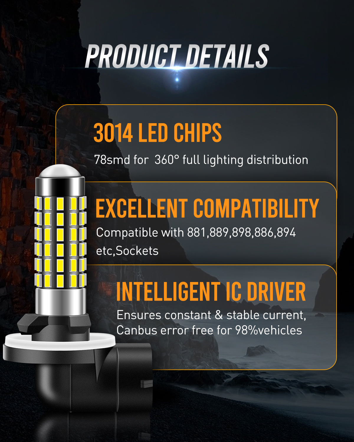 881 LED Fog Light Bulb 1800 Lumens Super Bright 889 894 896 Led Bulbs with Projector for Fog Lights,Xenon White,Pack of 2